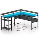 Rolanstar Computer Desk L Shaped 59.4" with LED Lights & Power Outlets, Reversible L Shaped Gaming Desk with Monitor Stand, Office Desk with Storage, Writing Desk with USB Port & Hook, Carbon Fiber