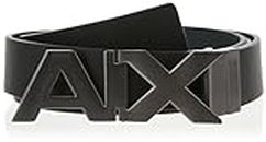 A|X ARMANI EXCHANGE Men's Leather Wide Logo Belt Buckle, Black/Phantom, 32