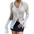 Women Sexy See Through Button Down Shirt Y2K Flare Sleeve Solid Shirt Blouse E-Girl Vintage Cardigan Streetwear (White, Large)