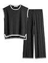 ANRABESS Lounge Sets for Women 2 Piece Casual 2024 Summer Knit Sweater Set Vest Sleeveless Tops and Pleated Pants Lounge Set Loungewear Matching Set Trendy Travel Clothes 1309heibaizhuangse-M