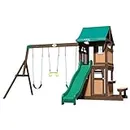 Backyard Discovery Lakewood Cedar Wood Swing Set, Covered Upper Deck with White Trim Window, Slide with Rails, Lower Fort Area with Door and Attached Bench, Swing Belts, Trapeze Bar, Stair Ladder