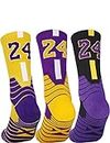 Elite Basketball Crew Socks with Numbers for Men with 2 Wrist bands Thick Cushion Breathable Moisture Wicking Athletic Socks, Lks #24 Blk/Pl/Yl, 9-12