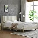 YUHUASHI Upholstered Platform Bed Frame/Queen Bed Frame/Modern Geometric Double-Wing Design Headboard/Flannel and Linen Fabric/Easy to Assemble No Noise (Cream, Queen (U.S. Standard))