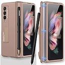 Miimall Compatible with Samsung Galaxy Z Fold 3 Case with S Pen Holder, Ultra Thin Hard PC Bumper All-Inclusive Shockproof Hinge Folding Magnetic Suction Cover for Samsung Galaxy Z Fold 3 5G 2021(Mist Gold)