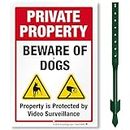 SmartSign Private Property Beware of Dogs Sign with Stake | 21" Tall Sign & Stake Kit - Property Protected by Video Surveillance Sign For Yard/Lawn | 10x7 Inches Aluminum Metal Sign
