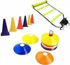 Plastic Flat Adjustable Speed Agility 4m Ladder with 10-Pieces 6-inch Marker Cone and 20 Saucer Cones Training/Fitness/Stamina Building Kit