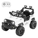 FUNTOK 12V Kids Ride On Car Jeep with Remote Control, LED Lights, Horn, Radio, USB/AUX MP3 Music Play, Opening Doors & Spring Suspension, Electric Car Truck Vehicles for Kids Toddlers, White