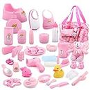 deAO Baby Doll Accessories Set 40PCS Pretend Play Role Play Games Set with Baby Feeding Accessories, Bag, Doll Bear, Bath, Soother Dummy, and Much More-Nurturing Pretend Toy for Kids