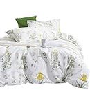 Wake In Cloud - Botanical Quilt Cover Set, 100% Cotton Doona Cover Bedding, Yellow Flowers and Green Leaves Floral Garden Pattern Printed on White (3pcs, Queen Size)