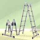 12.5FT (6.2+6.2FT) Telescopic Extendable Ladder Newest Stainless Steel A-Frame Foldable Straight Ladder 330lb Capacity Extension Portable Ladder Adjustable Height Safety Lock EN131 Safe Standard