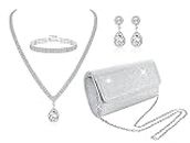 Subiceto 4 Pcs Silver Clutch Purse Jewelry Necklace Set for Women Evening Rhinestone Purse Silver Accessories for Women Bride Wedding Jewelry