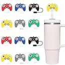 12 Pcs 0.4 Inch Video Game Straw Cover Cap Silicone Straw Tips Cover, Gamer Controller Drinking Straws Tips Cover, Silicone Reusable Round Straw Topper for Stanley 30&40 Oz Tumbler, 4 Colors (10mm)