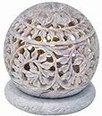 Indus Lifespace Handmade Embossed Carved Soapstone Round Small Tealight Candle Holder with Flowers Jali