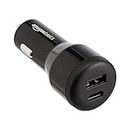 Amazon Basics - Cargador USB-C (18 W) con suministro de energía y USB-A (12 W) para el coche, Negro