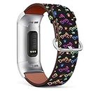 Compatible with Fitbit Charge 4 / Charge 3 / Charge 3 SE Patterned Leather Replacement Band (Neon Dog Paws Pattern-1)