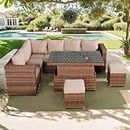 SPRING GARDEN FURNITURE Rattan Garden Furniture with Rising Table, Patio Conversation Sets in Large Brown Weave With Free Rain Cover, 9 Washable Seat Cushions and 1 Tempered Rising Glass Table