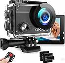 Action Cam 4K, videocamera subacquea da 20MP 50FPS Wi-Fi 40M con schermo touch screen IPS da 2", grandangolo Ultra HD 170°, telecomando, 2 batterie ricaricabili