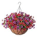 Artificial Flowers Hanging Baskets for Outdoors Indoors,Daisy with Eucalyptus Leaves Arrangement for Garden Yard spring Summer Decor, Green Plant in Metal Coconut Lining Flowerpot(Reddish purple)
