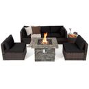 Costway 7 PCS Patio Furniture Set with 50,000 BTU Fire Pit Table Wicker Sofa
