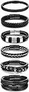 Adramata 6 Pcs Black Leather Bracelets for Men Women Braided Mens Bracelet Leather Wristband Cuff Bracelets Set with Stainless Steel Clasp 7.5-8.5 inch