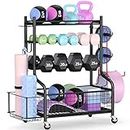 Mythinglogic Dumbbell Rack Stand, Multifunctional Weight Rack for Dumbbells, Yoga Mat, Fascia Roller, Kettlebell and Yoga Block, Powder-Coated Steel Dumbbell Stand with Wheels and Hooks