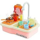 Pretend Wash-up Kitchen Sink Play Set Includes Cutting Toys,Kitchenware, Dishwasher with Running Water Cycle System, Pretend Role Play Kitchen Toys for Boys Girls (Pink)