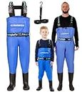 DaddyGoFish Kids Chest Waders - Waterproof Fishing Hunting Gear Bass Duck Tributary - Insulated Boots for Junior Anglers Youth Toddler Boy Girl Children, Blue - Age 13-14