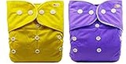Alya Pocket Button Style Solid Reusable Cloth Diaper All in One Adjustable Washable Diapers Nappies(Without Inserts) for Toddlers/New Borns(0-24 Months,3-16KG) (Pack of 2, Yellow,Puple)