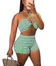 Ophestin Womens Floral Boho Print Bodycon 2 Piece Outfits Color Block Halter Crop Top Shorts Set Suits, 3 Green, Small