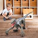 RLS Remote Control Dinosaur Toys - (Rechargeable) 2.4Ghz RC Walking Robot Velociraptor with LED Eye, Roaring Sound, Shaking Head & Tail, Jurassic Dino Electronic Toy