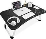 Blisswood Laptop Bed Table Lap Standing Desk, Sofa Breakfast Bed Tray Folding Laptop Lap Desk Cup Holder Notebook Stand Steel Legs 60x40x28cm for Reading Writing Working, Marble Black