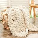 Bigacogo Chunky Knit Blanket Throw 40"x40", 100% Hand Knitted Chenille Throw Blanket, Small Soft Thick Yarn Cable Knit Blanket, Cute Rope Knot Crochet Throw Blankets for Couch Bed Sofa (Beige)