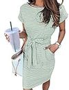 MEROKEETY Women's Summer Striped Short Sleeve T Shirt Dress Casual Tie Waist with Pockets, Mint, Small