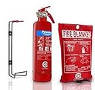 Premium FSS UK 1 KG ABC Dry Powder BSI KITEMARKED FIRE Extinguisher with CE Marked FIRE Blanket. Ideal for Homes Boats Kitchen Workplace Offices Cars Vans Warehouses GARAGES Hotels Restaurants