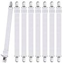 8Pcs Bed Sheet Clips, Adjustable Bed Sheet Grippers, High Elastic Fitted Sheet Straps with Clips, Bed Sheet Fasteners Max Stretch 120cm, Mattress Sheet Holders, Strong Sheet Clips for Bedding (White)