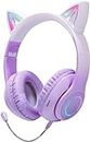 Daemon Headphones, Bluetooth Wireless Headphones for Kids Teens Adults, Over-Ear Bluetooth Headphones with Microphone, Cat Ear Headphones for Girls Women (Purple Plus Mic)