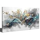 Blue Abstract Wall Art - 50x100CM Navy Blue and Gold Graffiti Painting on Canvas for Living Room, Geometric Lines Print Picture Artwork for Home Décor