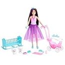 Barbie HLC29 - Skipper Puppe und Babysitter Spielset (braune Haare mit tollen Locken) mit Tüllrock, Lämmchen mit Kinderwagen, Bettchen und Zubehör, Puppenspielzeug für Kinder ab 3 Jahren