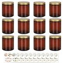12 Pack 8oz Amber Round Glass Jars - Empty Cosmetic Containers, Glass Sample Jars with labels For Slime, Beauty Products, Cosmetic, Lotion，Powders and Ointments (Gold)
