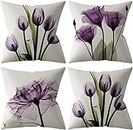 TIDWIACE Set of 4 Outdoor Garden Cushion Covers 45 x 45 cm Purple Flowers, Art Decorative Throw Pillow Cover 18x18 Linen Pillow case,with Invisible Zipper for Sofa Cushions Modern Living Room
