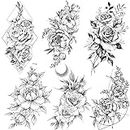 COKTAK 6 Pieces/Lot 3D Large Black Rose Flower Temporary Tattoos For Women, Big Peony Floral Arm Tatoo Adults, Geometric Waterproof Fake Tattoo Temporary Sticker Sets, Girl Realistic Dahlia Tatto Kits
