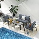 Soleil Jardin 4-Piece Aluminum Outdoor Patio Furniture, Patio Conversation Sofa Set with Removable Cushions, Tempered Glass Top Coffee Table, Dark Grey Finish & Grey Cushion