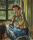 Vintage Portrait Oil Painting, Woman Ironing Scene, French School Circa 1945