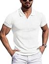 AIYINO Men's Muscle V Neck Polo Shirts Slim Fit Solid Short Sleeve Golf T-Shirts Ribbed Knit Soft M White