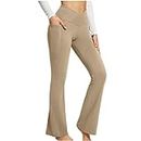 Xuboway Women Wide Leg Bootcut Pants High Waisted Flare Workout Pants Full Length Athletic Soft Casual Pants Comfy Palazzo Bell Bottom Crossover Gym Leggings with Pockets Khaki