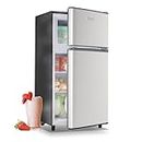WANAI Mini Fridge with Freezer, 3.5 Cu.Ft Double Door Compact Refrigerator Freezer-on-Top, Small Freestanding with 7 Adjustable Thermostat for Bedroom Office Dorm Apartment, Silver