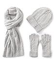 Villand 3 in 1 Womens Wool Hat Gloves & Scarf Winter Set, 3 Piece Cable Knitted Beanie Hat for Women with Gift Box, Light Gray