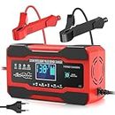 AVEDIA 10-Amp 12V and 24V Red Portable Trickle Battery Charger, Temperature Compensation Maintainer, Heavy Duty Fully Automatic Motorcycle and Car Jump Starter for Auto Rickshaw, Truck, Bike