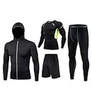 Men's 4Pcs Fitness Clothes Compression Tracksuit Sets Running Wear Quick Dry Hoodies Jacket + Long Sleeve Base Layers Shirts + Loose Fitting Shorts + Compression Leggings for Workout Training Running