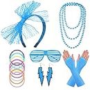 FACATH Colliers néon des années 80, bracelets en résille, gants en dentelle, bandeau et boucles d'oreilles fluo,Vert,Costume de fête pour femmes et filles (bleu)